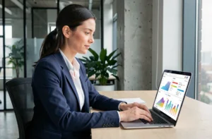 Femme professionnelle analysant des tableaux de bord de visibilité en ligne sur un ordinateur portable dans un bureau moderne