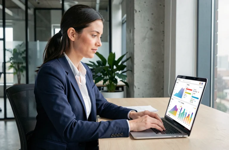 Femme professionnelle analysant des tableaux de bord de visibilité en ligne sur un ordinateur portable dans un bureau moderne