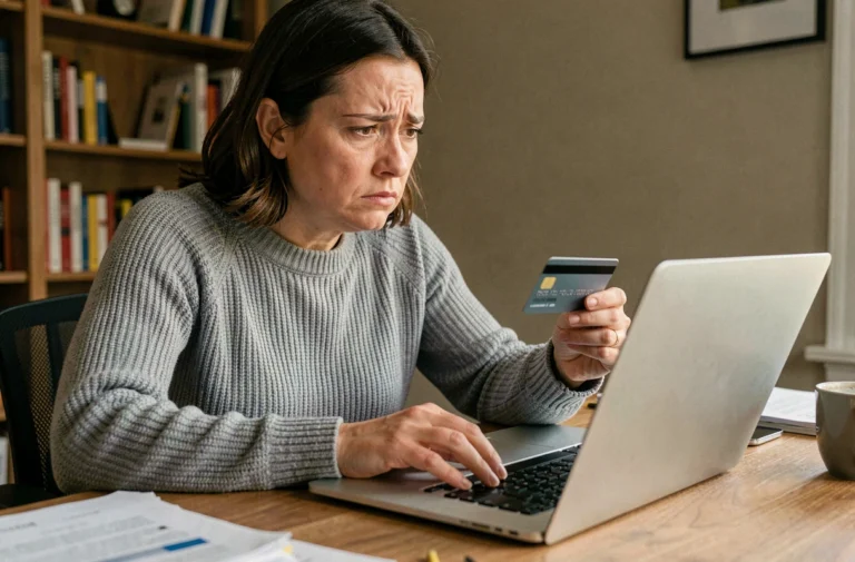 Femme inquiète tenant sa carte bancaire devant un ordinateur portable, illustrant les risques de fraude en ligne liés à Xamoz