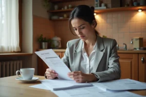 Femme consultant un document de carte grise à son domicile, entourée de papiers administratifs sur une table en bois