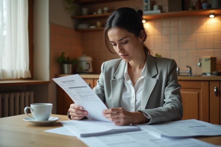 Femme consultant un document de carte grise à son domicile, entourée de papiers administratifs sur une table en bois