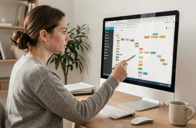 Femme consultant le plan du site Maison Future Co sur un ordinateur de bureau dans un bureau à domicile moderne