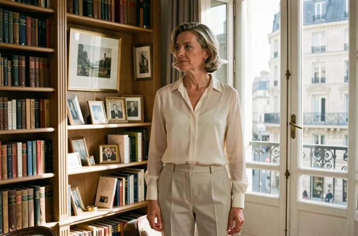 Femme élégante et cultivée dans un appartement parisien haussmannien entouré de livres et d'œuvres d'art
