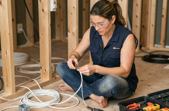 Femme électricienne dénudant un fil blanc lors d'une rénovation électrique dans une maison