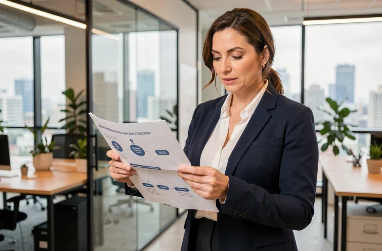 Femme entrepreneur analysant une stratégie business dans un bureau moderne avec vue sur la ville