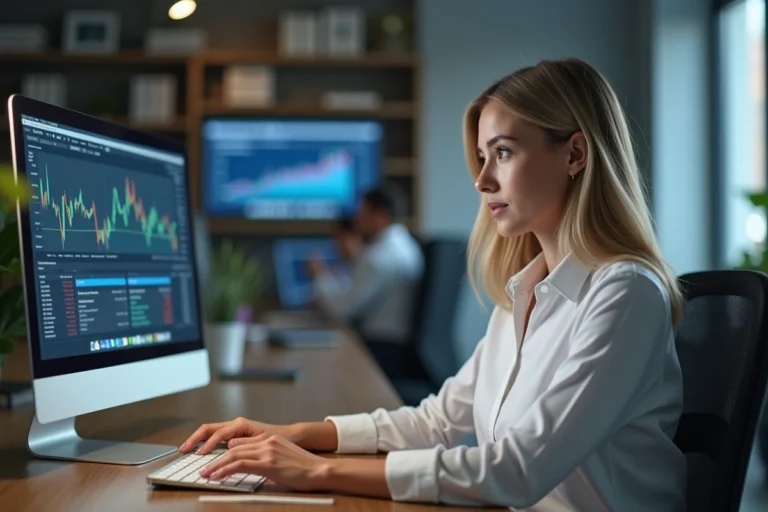 Femme professionnelle explorant les rubriques d'un site financier sur un grand écran de bureau en open space