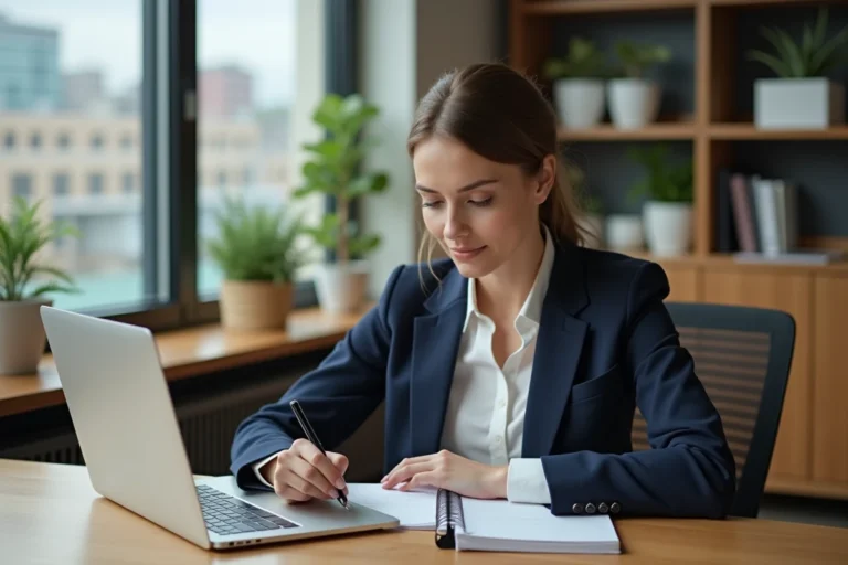 Femme professionnelle en formation suivant un cours en ligne dans un espace de coworking moderne