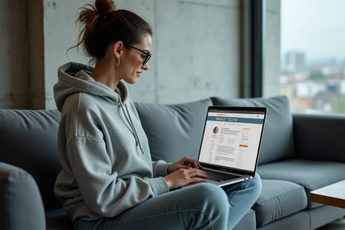 Femme parcourant un espace forum web high-tech sur un ordinateur portable dans un salon minimaliste