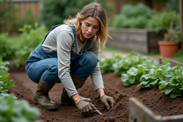 Femme utilisant une grelinette dans un potager écologique avec des rangées de légumes en arrière-plan