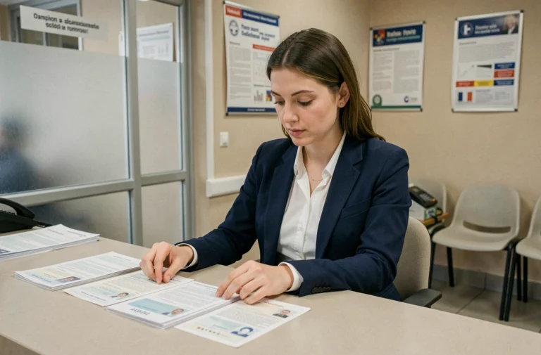 Femme consultant ses documents d'identité au guichet d'une mairie pour obtenir sa carte d'identité