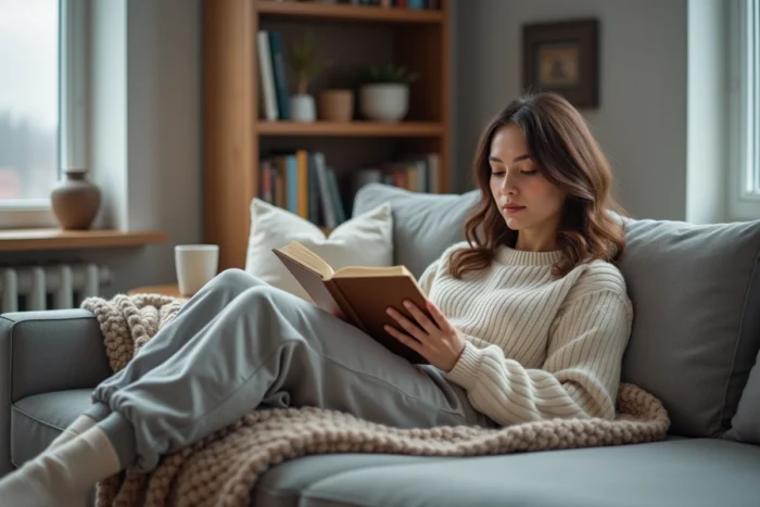 Jeune femme lisant un livre sur un canapé confortable chez elle, loisir détente et enrichissement personnel