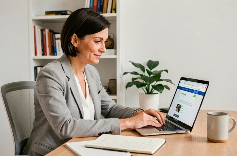Femme consultant les offres d'emploi France Travail sur un ordinateur portable dans un bureau à domicile