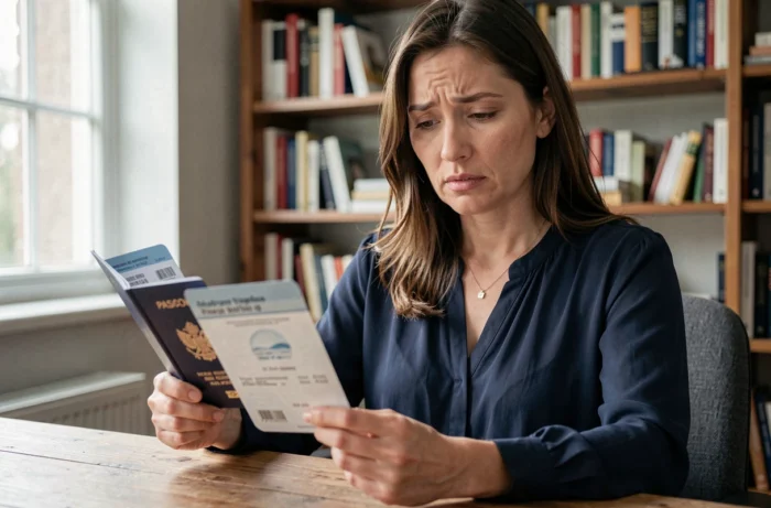 Femme tenant un passeport et une carte d'embarquement à son bureau, illustrant la gestion d'un changement de numéro de passeport après une réservation de vol