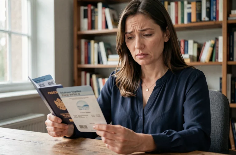 Femme tenant un passeport et une carte d'embarquement à son bureau, illustrant la gestion d'un changement de numéro de passeport après une réservation de vol