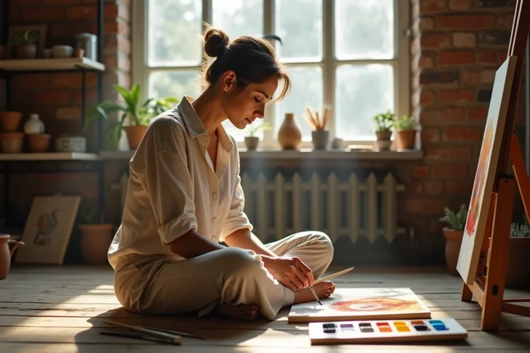 Femme adulte peignant à l'aquarelle dans un atelier créatif chaleureux, loisir artistique relaxant
