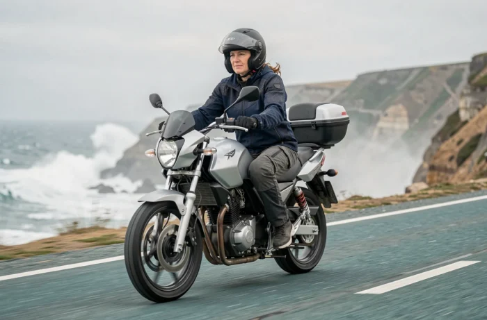Femme pilotant une moto 125 2 temps sur une route côtière adaptée au deux-places