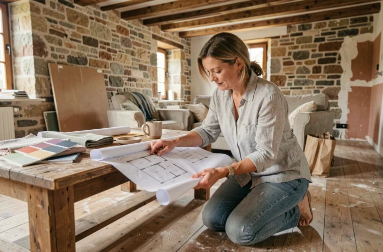 Femme consultant des plans de rénovation sur une table en chêne dans un salon avec murs en pierre et poutres apparentes