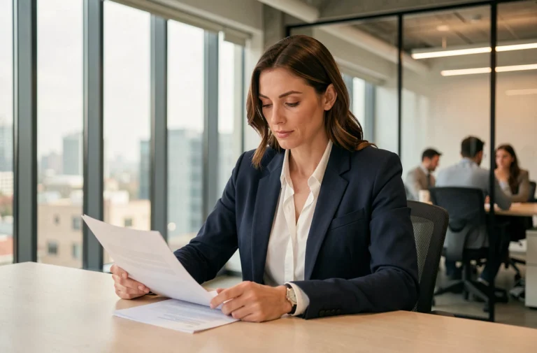 Femme professionnelle concentrée à son bureau dans un open space moderne, illustrant les enjeux de la vie professionnelle et la réussite de carrière