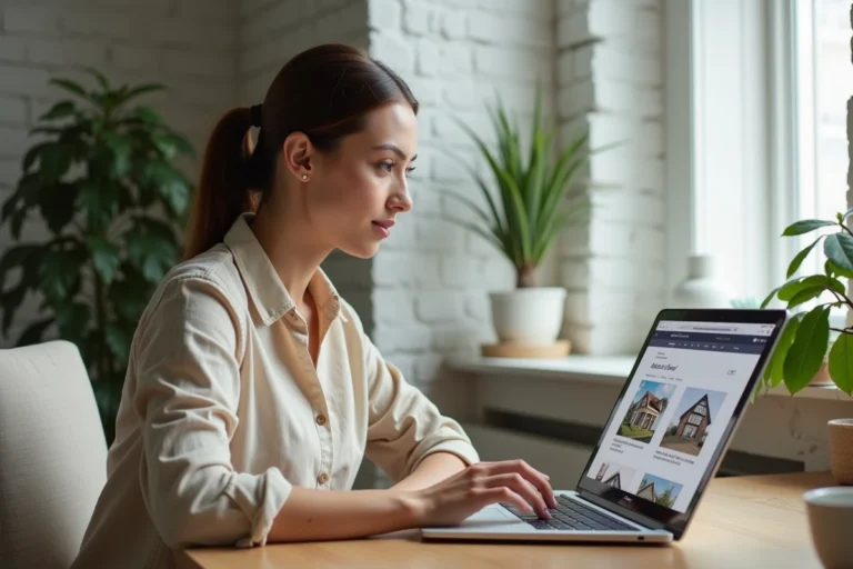 Femme consultant des annonces immobilières en ligne sur un ordinateur portable dans un bureau à domicile moderne