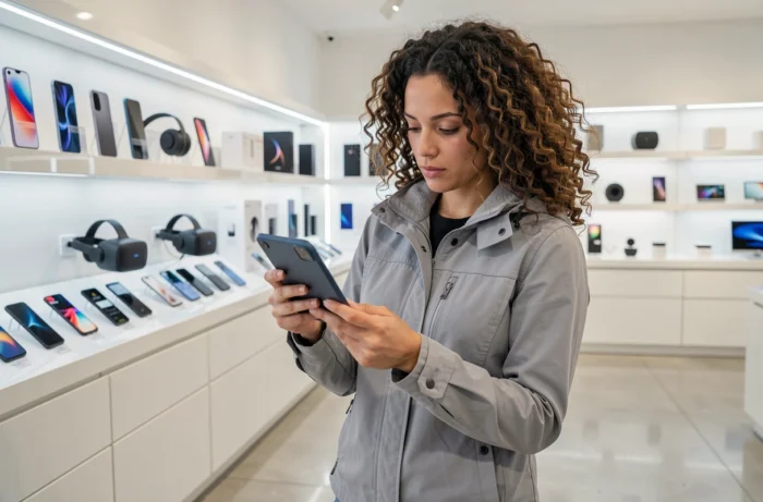 Femme découvrant un smartphone pliable dans un magasin high-tech moderne entouré de dernières technologies geek et gadgets électroniques