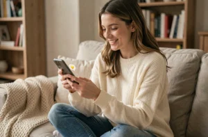 Jeune femme souriante regardant son téléphone avec un emoji cœur jaune visible sur Snapchat dans un salon cosy