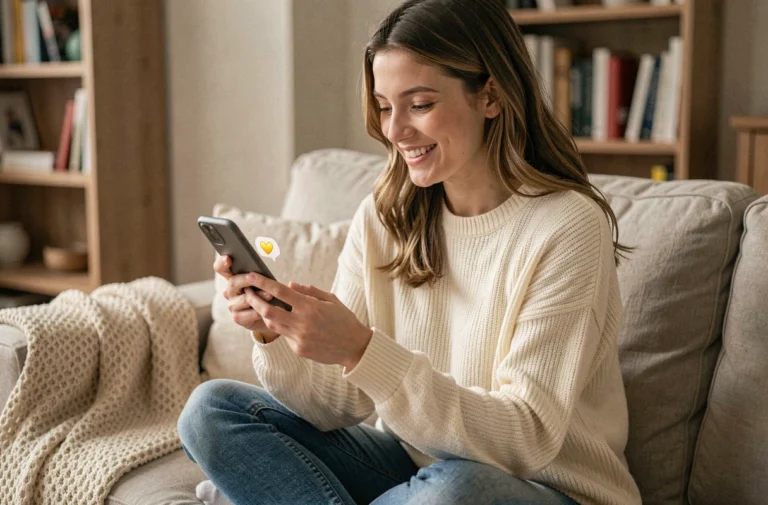 Jeune femme souriante regardant son téléphone avec un emoji cœur jaune visible sur Snapchat dans un salon cosy