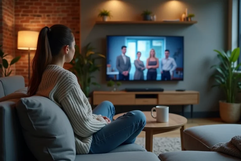 Jeune femme regardant une plateforme de streaming sur grand écran dans un appartement moderne en 2026
