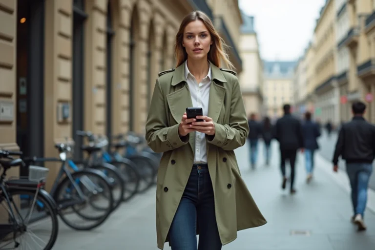 Femme utilisant Waze en mode piéton sur son smartphone lors d'un trajet urbain à pied dans une ville européenne