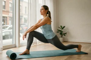 Femme pratiquant le yoga le matin dans un appartement minimaliste pour débuter le fitness au quotidien