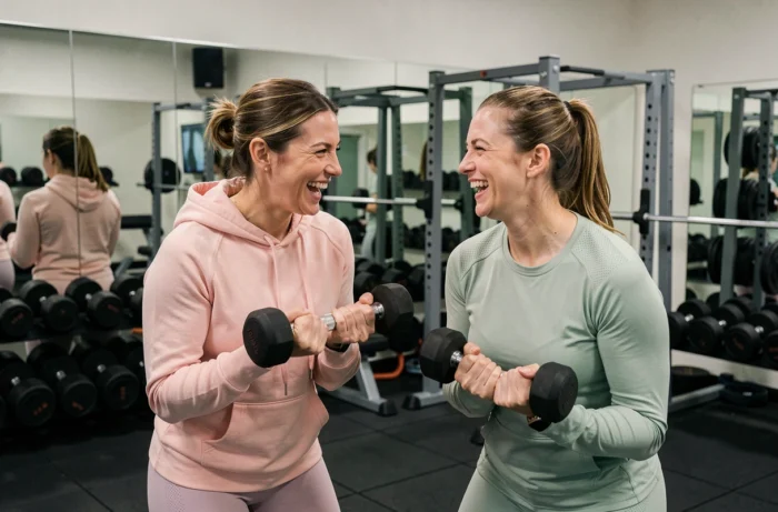 Deux femmes s'entraînant avec des haltères dans une salle de sport moderne en partageant un moment de complicité