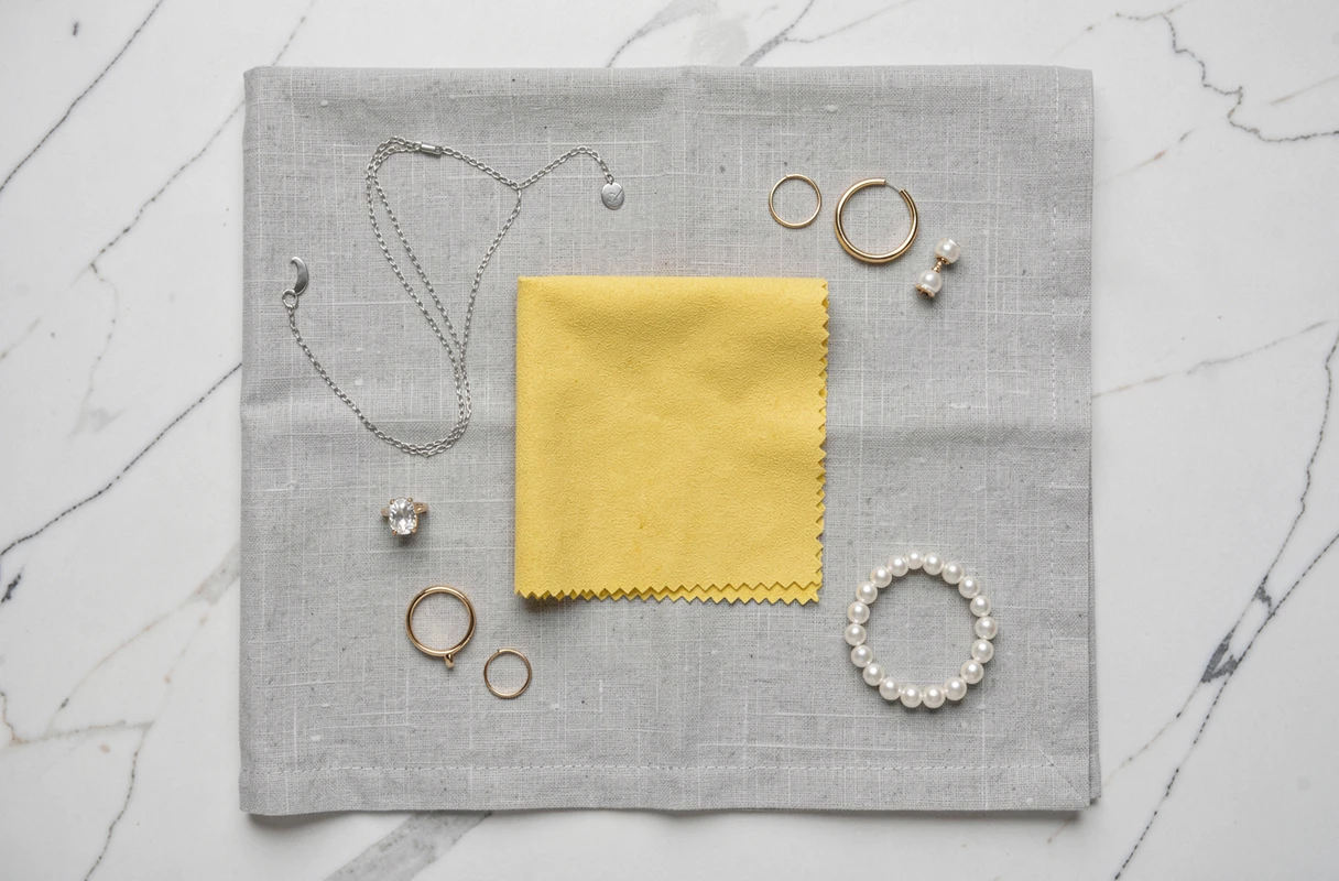 Flatlay di una chamoisine gialla circondata da gioielli in argento e in oro su marmo bianco
