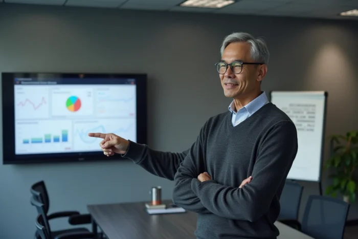 Formateur professionnel présentant un tableau de bord analytique lors d'une session de formation en entreprise