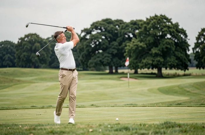 Homme jouant au golf sur un parcours verdoyant de l'Essex avec des chênes et un ciel typiquement anglais en arrière-plan