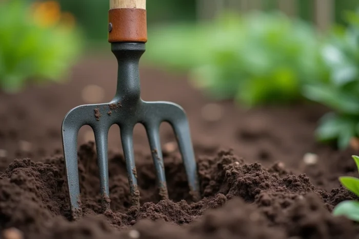Gros plan sur les dents d'une grelinette plantée dans un sol de potager riche et aéré