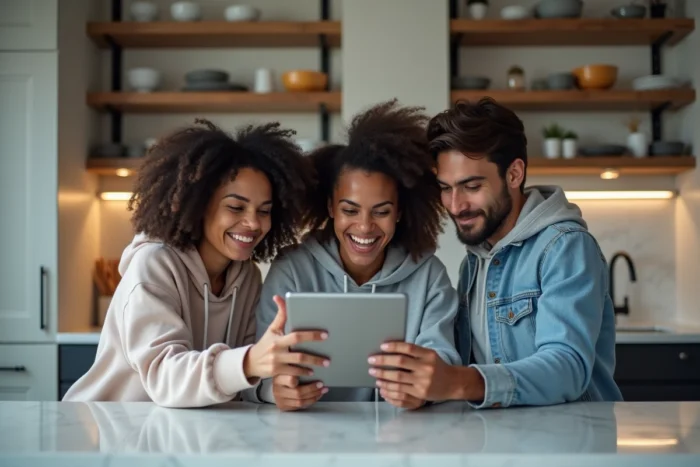 Groupe d'amis découvrant ensemble une nouvelle plateforme de streaming en ligne sur tablette