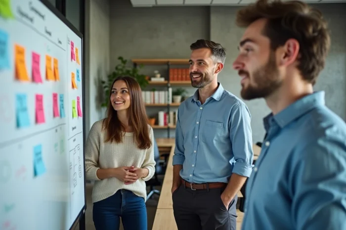 Groupe de professionnels participant à un atelier de formation innovante avec tableau blanc interactif