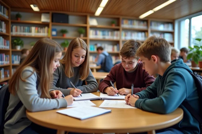 Groupe d'élèves travaillant ensemble sur le programme Ma Classe 2023 dans une bibliothèque scolaire française