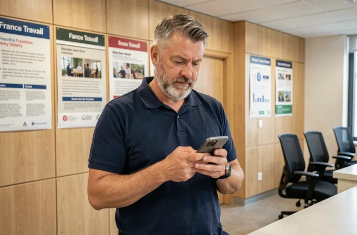 Homme configurant ses alertes emploi France Travail sur smartphone dans une agence