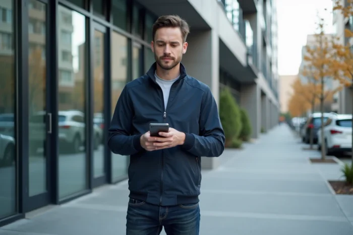 Jeune homme consultant une application immobilière sur smartphone devant un immeuble résidentiel moderne en ville