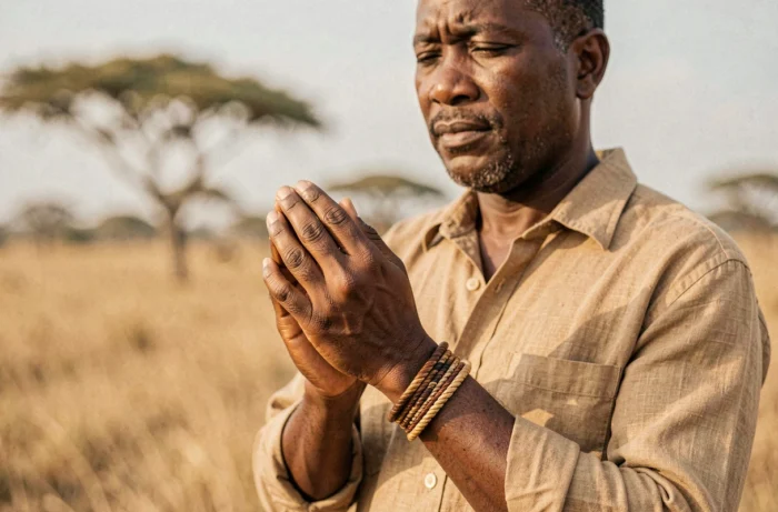African man wearing a traditional elephant hair bracelet on his wrist in a savanna landscape, contemplative and spiritual gesture