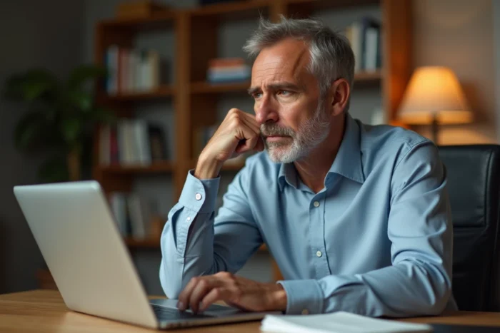 Homme consultant des avis négatifs sur un dentiste The Smilist depuis son bureau à domicile