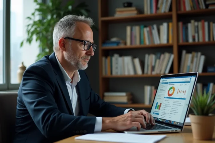 Homme en blazer navy consultant des ressources financières en ligne depuis un bureau à domicile entouré de livres
