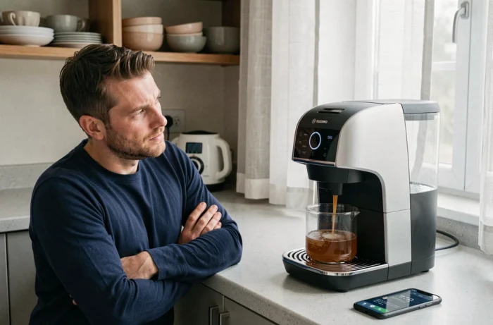 Homme surveillant le cycle de détartrage d'une cafetière Tassimo Bosch avec du vinaigre blanc sans pastille