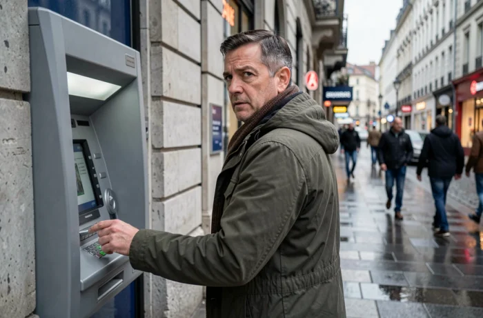 Homme protégeant sa carte bancaire à un distributeur automatique en ville, illustrant la vigilance face aux arnaques de type Xamoz