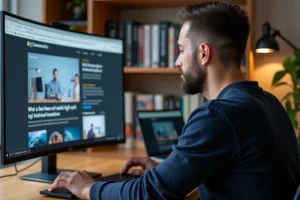 Homme consultant un forum high-tech et actualités technologiques sur un écran ultrawide dans un bureau moderne