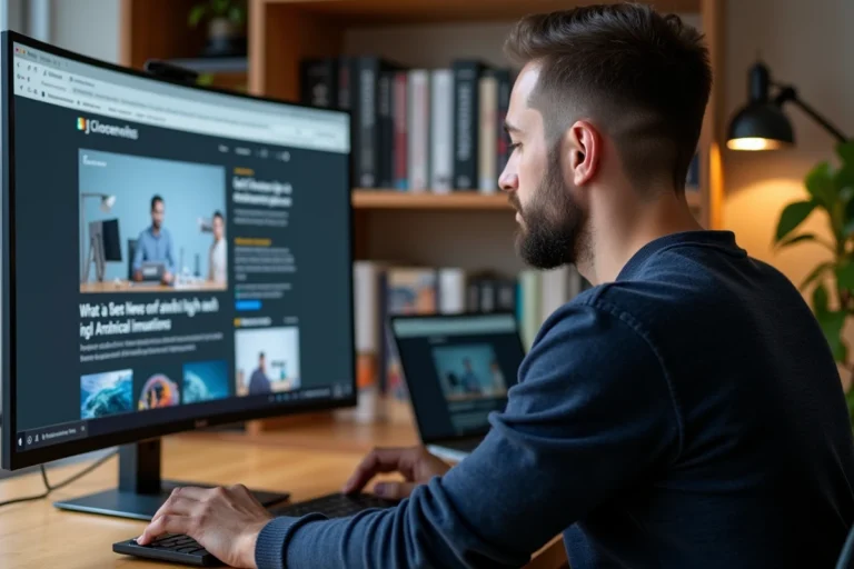 Homme consultant un forum high-tech et actualités technologiques sur un écran ultrawide dans un bureau moderne