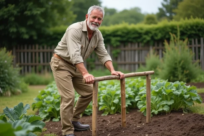 Homme en train de travailler son potager avec une grelinette dans un jardin permaculturel productif