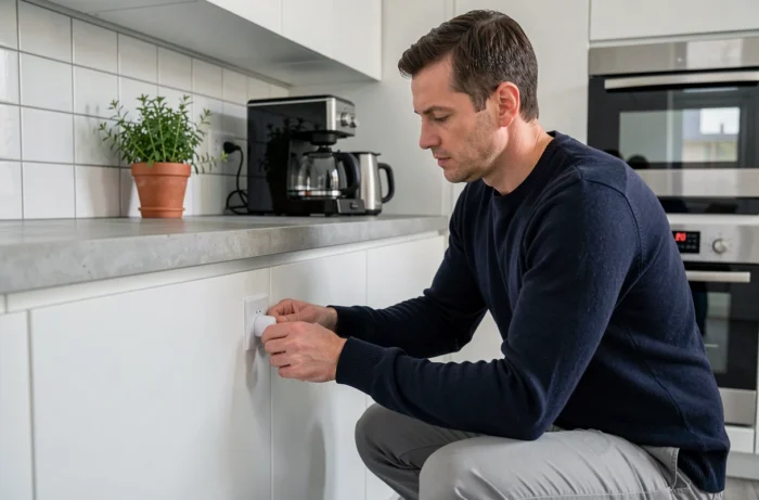 Homme installant une prise connectée dans une cuisine moderne pour rendre son logement intelligent