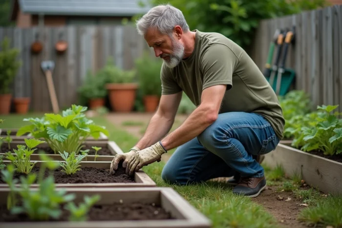 Homme jardinant dans un potager avec des bacs en bois, activité de plein air pour se ressourcer