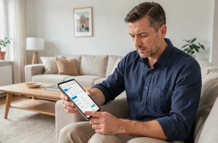 Homme parcourant le plan du site de Maison Future Co sur une tablette dans un salon au style scandinave